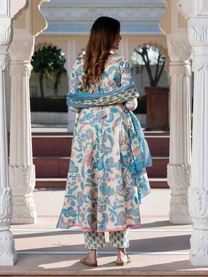 women cream floral print anarkali kurta set with dupatta 2