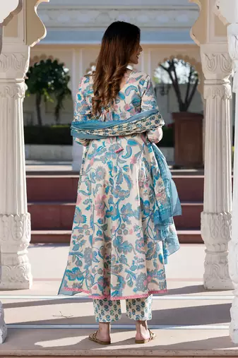 women cream floral print anarkali kurta set with dupatta