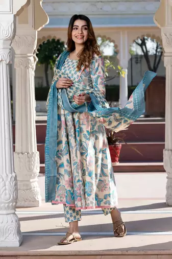 women cream floral print anarkali kurta set with dupatta