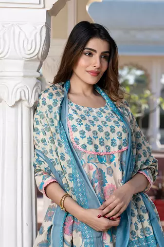 women cream floral print anarkali kurta set with dupatta