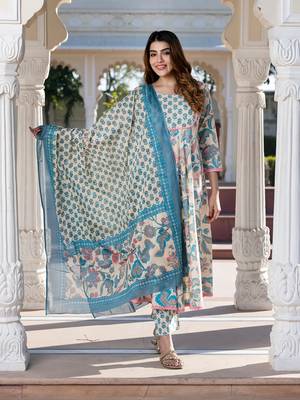 women cream floral print anarkali kurta set with dupatta 5