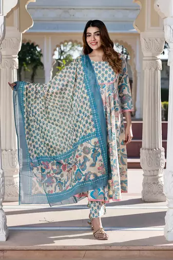 women cream floral print anarkali kurta set with dupatta