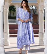 Jaitpuriya women blue floral print anarkali kurta set with dupatta