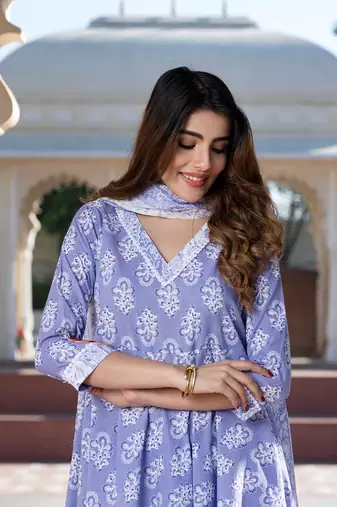 Jaitpuriya women blue floral print anarkali kurta set with dupatta