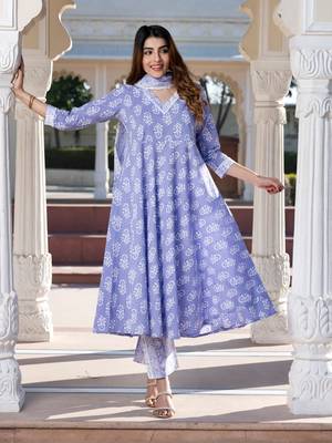 Jaitpuriya women blue floral print anarkali kurta set with dupatta 5