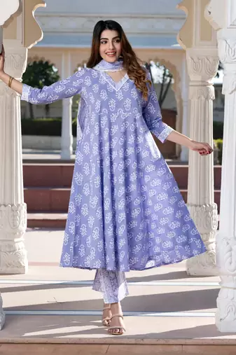 Jaitpuriya women blue floral print anarkali kurta set with dupatta