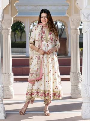 women brown and cream floral print anarkali kurta set with dupatta 1