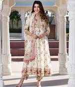 women brown and cream floral print anarkali kurta set with dupatta
