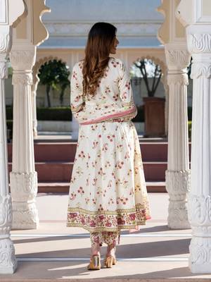 women brown and cream floral print anarkali kurta set with dupatta 2