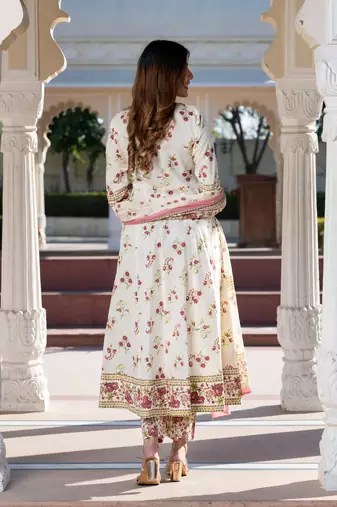 women brown and cream floral print anarkali kurta set with dupatta