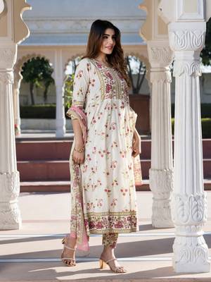 women brown and cream floral print anarkali kurta set with dupatta 3