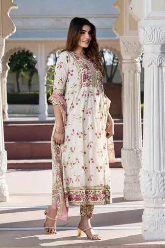 women brown and cream floral print anarkali kurta set with dupatta