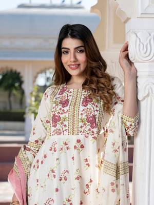 women brown and cream floral print anarkali kurta set with dupatta 4