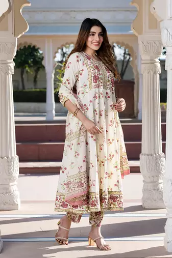 women brown and cream floral print anarkali kurta set with dupatta