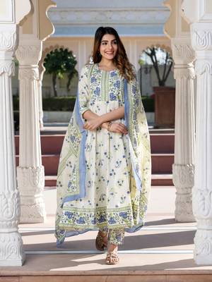 women blue and cream floral print anarkali kurta set with dupatta 1