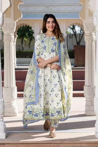 Jaitpuriya women blue and cream floral print anarkali kurta set with dupatta