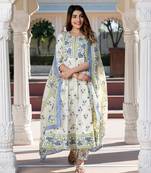women blue and cream floral print anarkali kurta set with dupatta