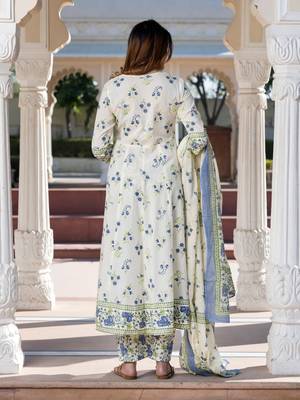 women blue and cream floral print anarkali kurta set with dupatta 2