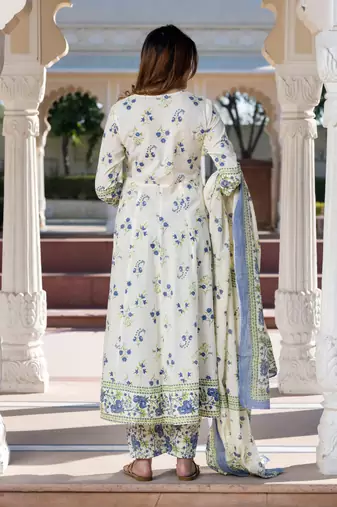 women blue and cream floral print anarkali kurta set with dupatta