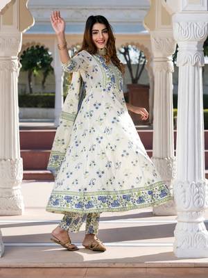 women blue and cream floral print anarkali kurta set with dupatta 3