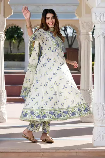 women blue and cream floral print anarkali kurta set with dupatta