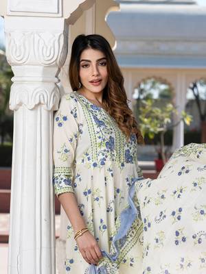 women blue and cream floral print anarkali kurta set with dupatta 4