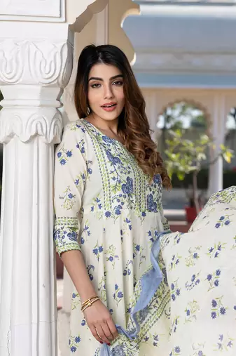 women blue and cream floral print anarkali kurta set with dupatta