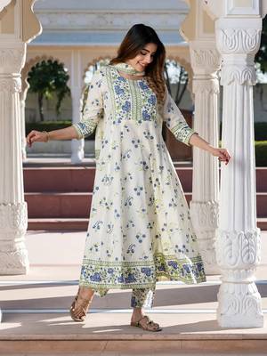 women blue and cream floral print anarkali kurta set with dupatta 5