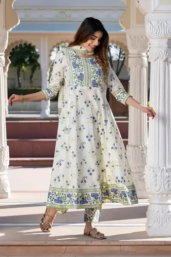 women blue and cream floral print anarkali kurta set with dupatta