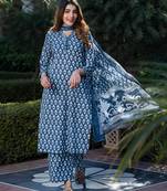women grey and white floral print kurta set with palazzo and dupatta