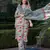 women cream and pink floral print kurta set with trouser and dupatta