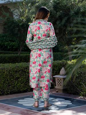 women cream and pink floral print kurta set with trouser and dupatta 2