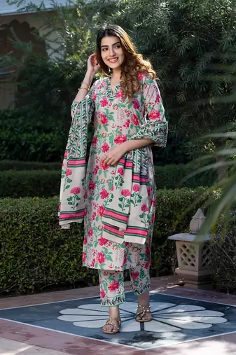 women cream and pink floral print kurta set with trouser and dupatta