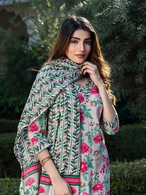 women cream and pink floral print kurta set with trouser and dupatta 4
