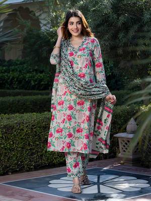 women cream and pink floral print kurta set with trouser and dupatta 5