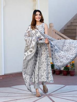 women grey and white floral print anarkali kurta set with trouser and dupatta 1