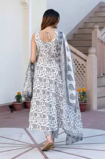 women grey and white floral print anarkali kurta set with trouser and dupatta