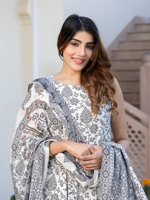 women grey and white floral print anarkali kurta set with trouser and dupatta 4