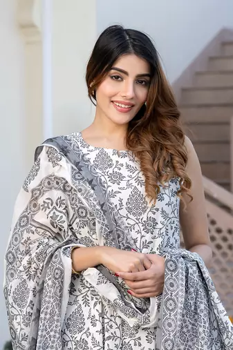 women grey and white floral print anarkali kurta set with trouser and dupatta