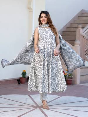 women grey and white floral print anarkali kurta set with trouser and dupatta 5
