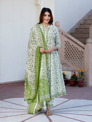 women green and white floral print anarkali kurta set with trouser and dupatta 1