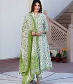 women green and white floral print anarkali kurta set with trouser and dupatta