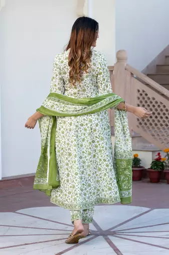 women green and white floral print anarkali kurta set with trouser and dupatta