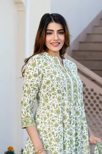 women green and white floral print anarkali kurta set with trouser and dupatta