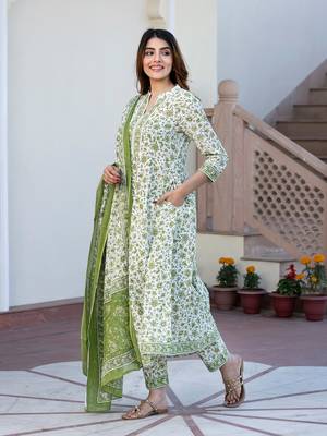 women green and white floral print anarkali kurta set with trouser and dupatta 5