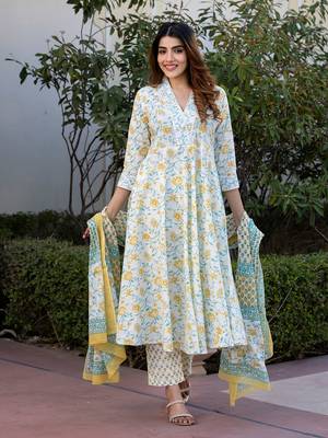 women yellow and white floral print anarkali kurta set with trouser and dupatta 1