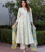 women yellow and white floral print anarkali kurta set with trouser and dupatta