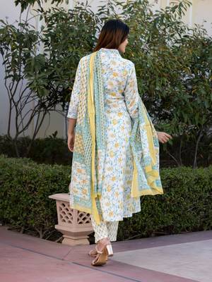 women yellow and white floral print anarkali kurta set with trouser and dupatta 2