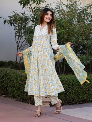 women yellow and white floral print anarkali kurta set with trouser and dupatta 3