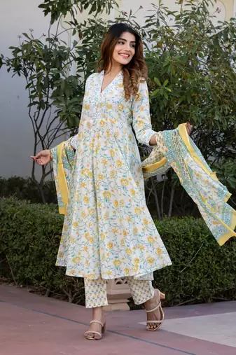 women yellow and white floral print anarkali kurta set with trouser and dupatta